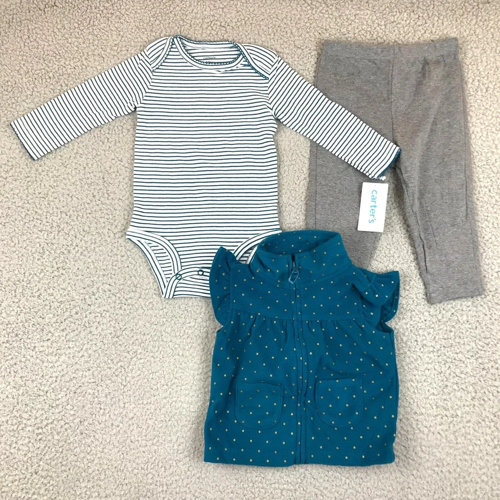 Carters Baby Girls' 3-Pc. Bodysuit Leggings Top Teal Stripes & Dots Set 12M NWT